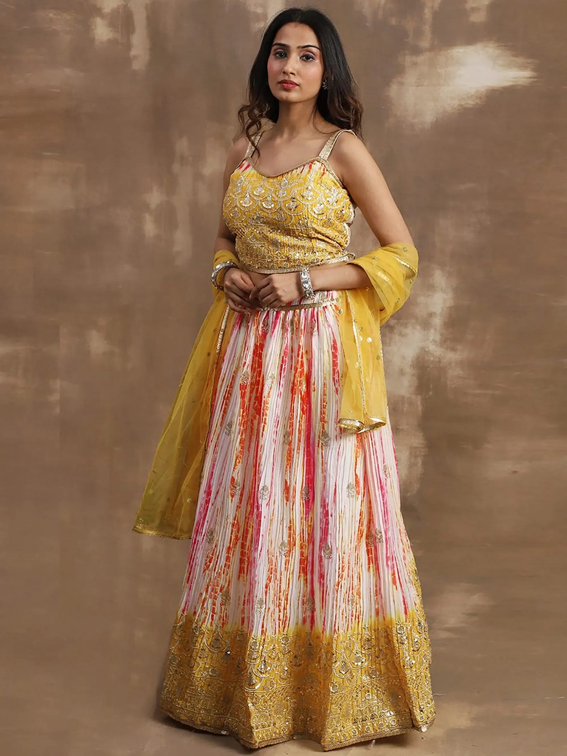 Attractive White & Yellow Sequins Chinon Haldi Wear Lehenga Choli - Zeel Clothing