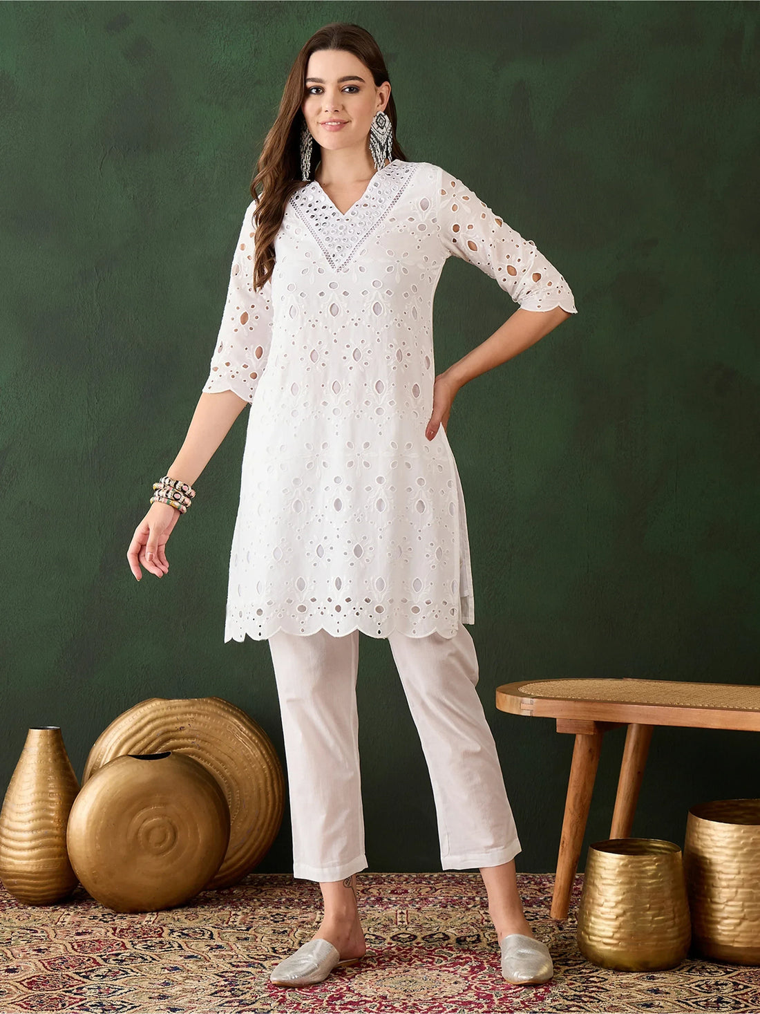 Attractive White Cotton Embroidered Festival Wear Kurta With Trouser - Zeel Clothing