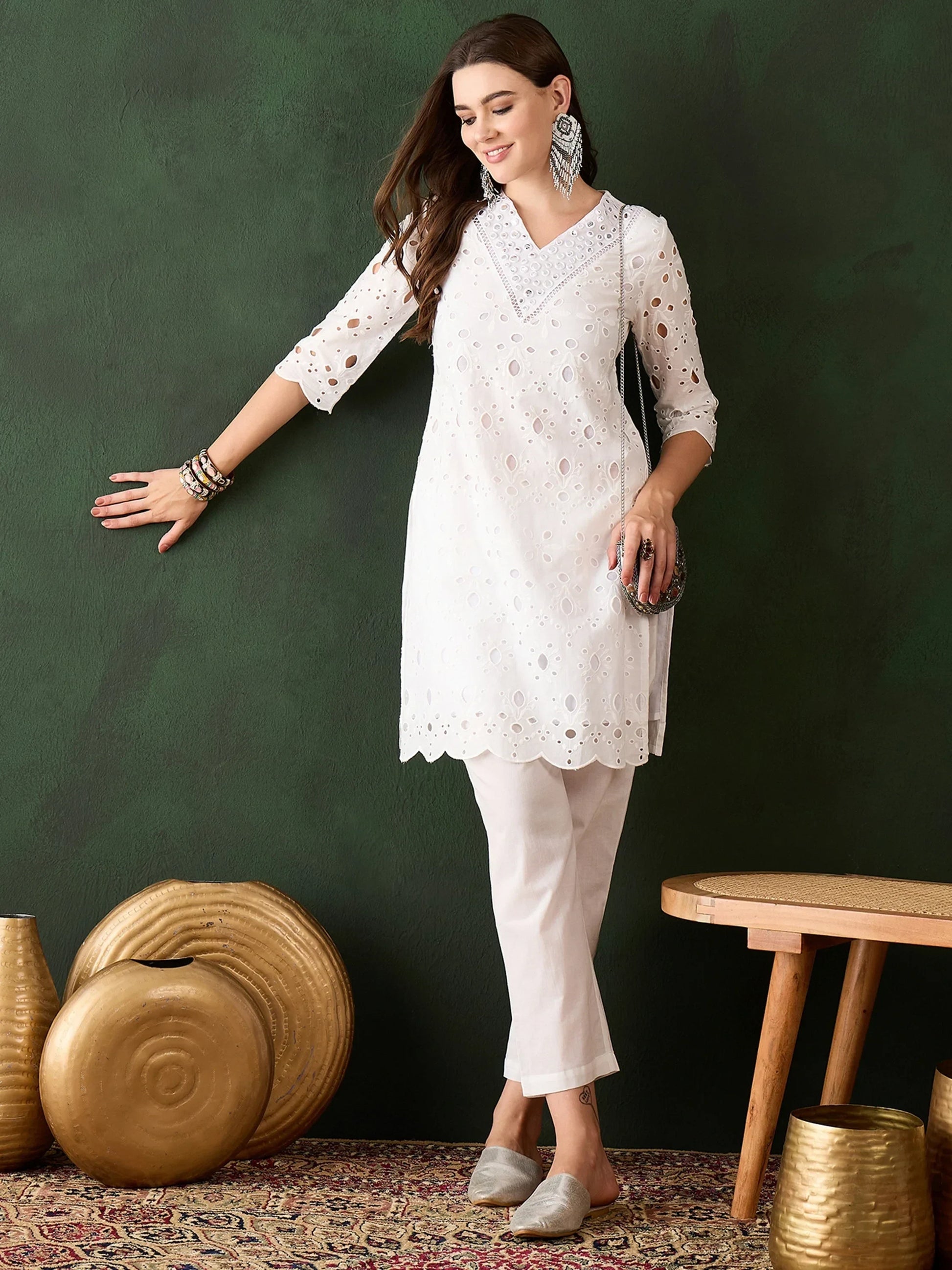 Attractive White Cotton Embroidered Festival Wear Kurta With Trouser - Zeel Clothing