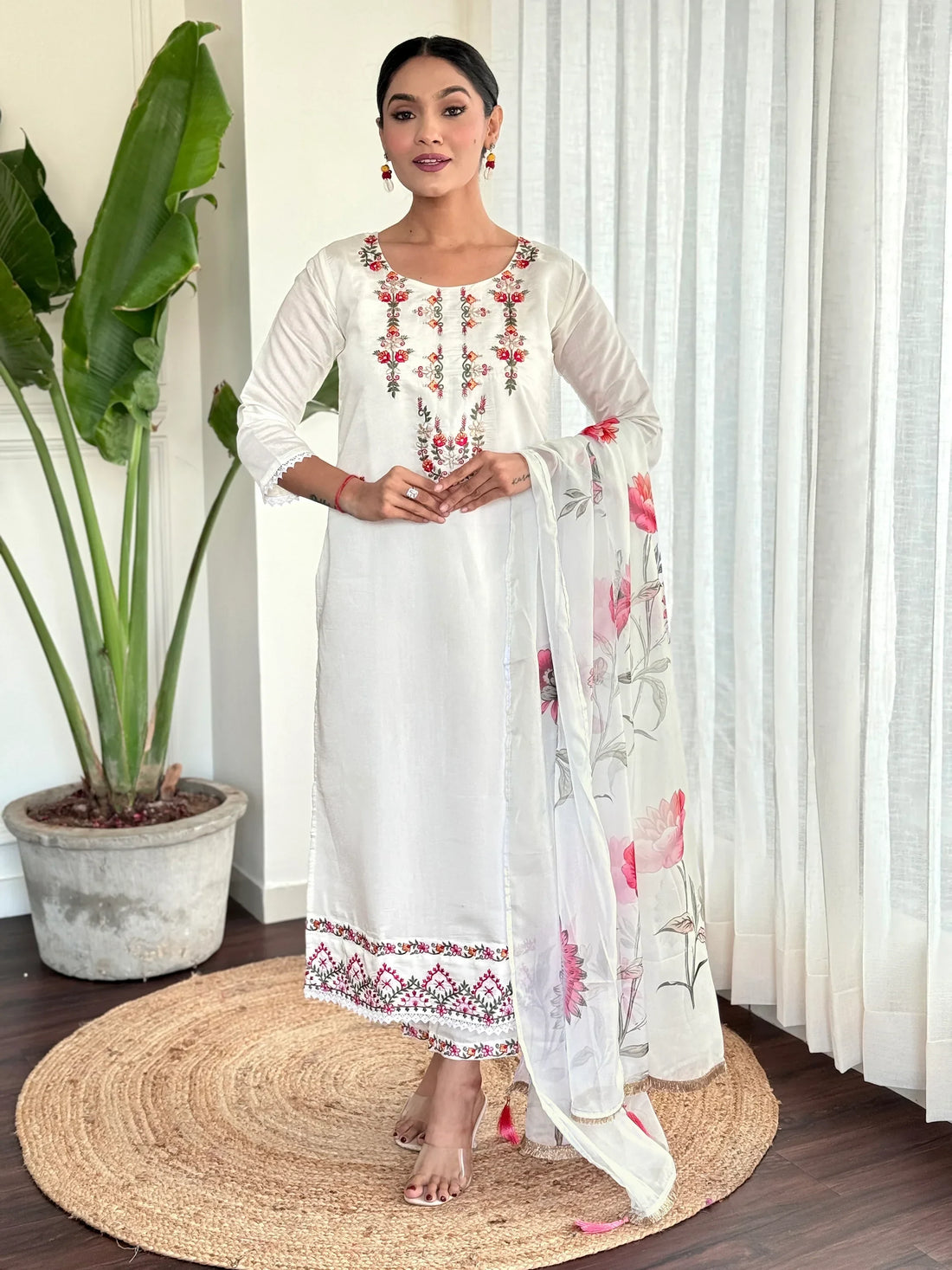Attractive White Embroidered Rayon Traditional Pant Suit With Dupatta - Zeel Clothing