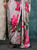 Attractive White Floral Printed Crepe Casual Wear Saree With Blouse