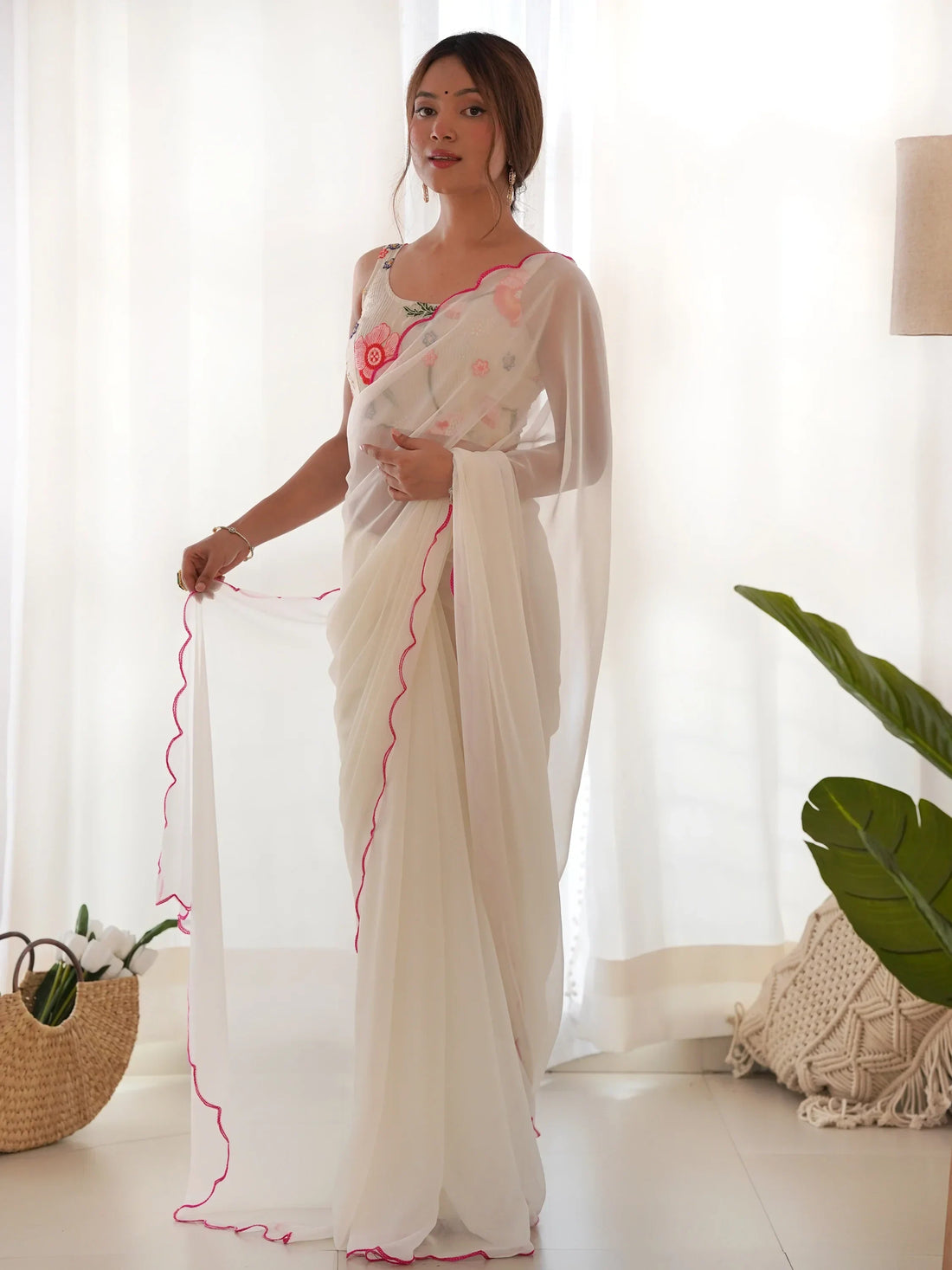 Attractive White Lace Work Georgette Festival Wear Saree With Blouse - Zeel Clothing