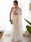 Attractive White Lace Work Georgette Festival Wear Saree With Blouse - Zeel Clothing