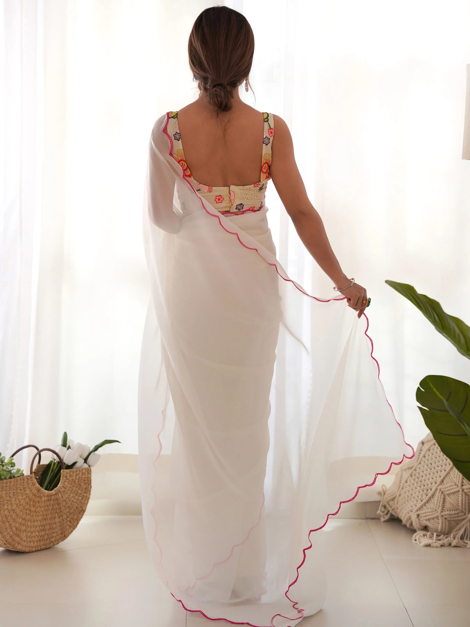 Attractive White Lace Work Georgette Festival Wear Saree With Blouse - Zeel Clothing