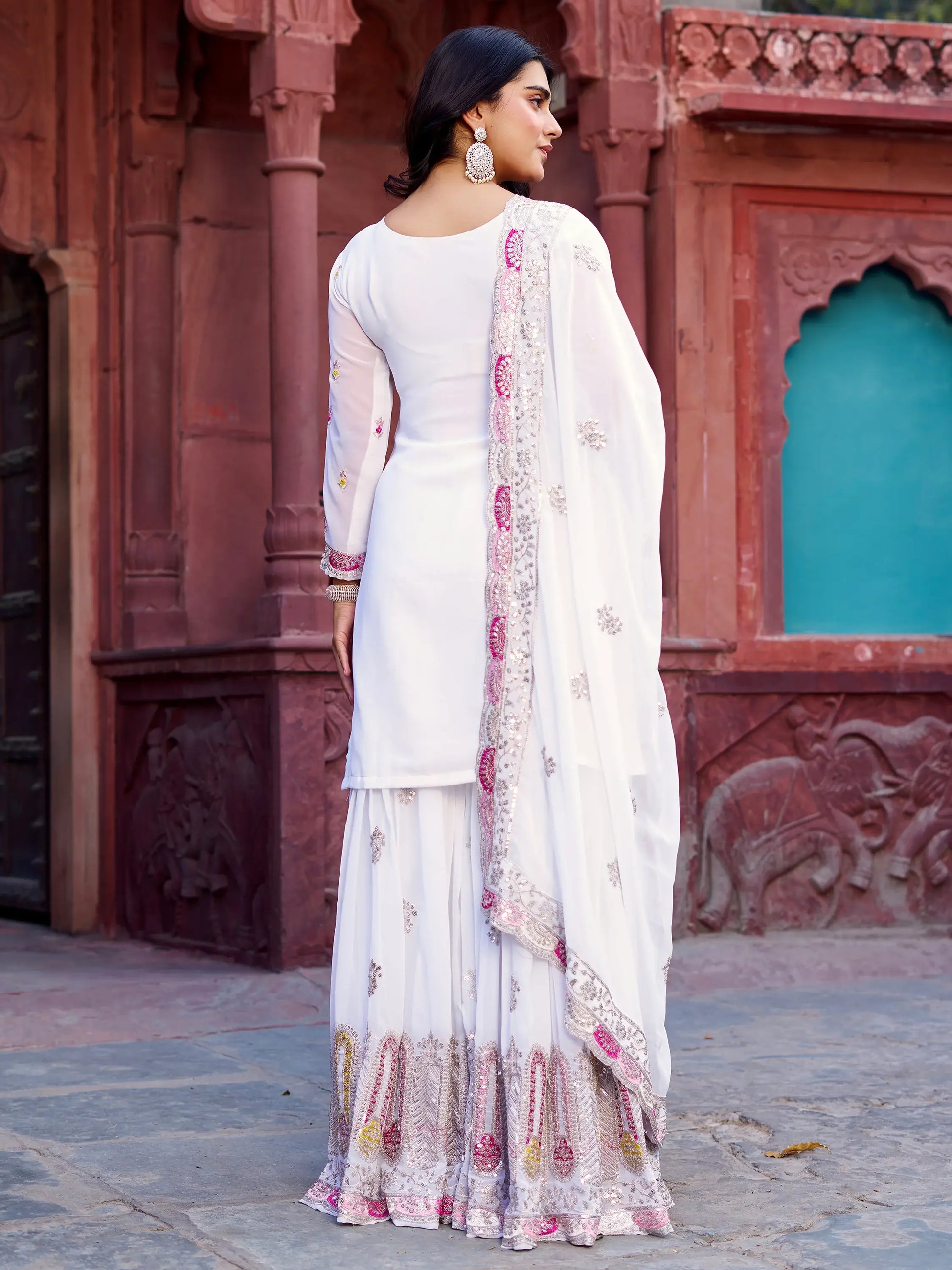 Attractive White Sequins Georgette Festival Wear Sharara Suit - Zeel Clothing