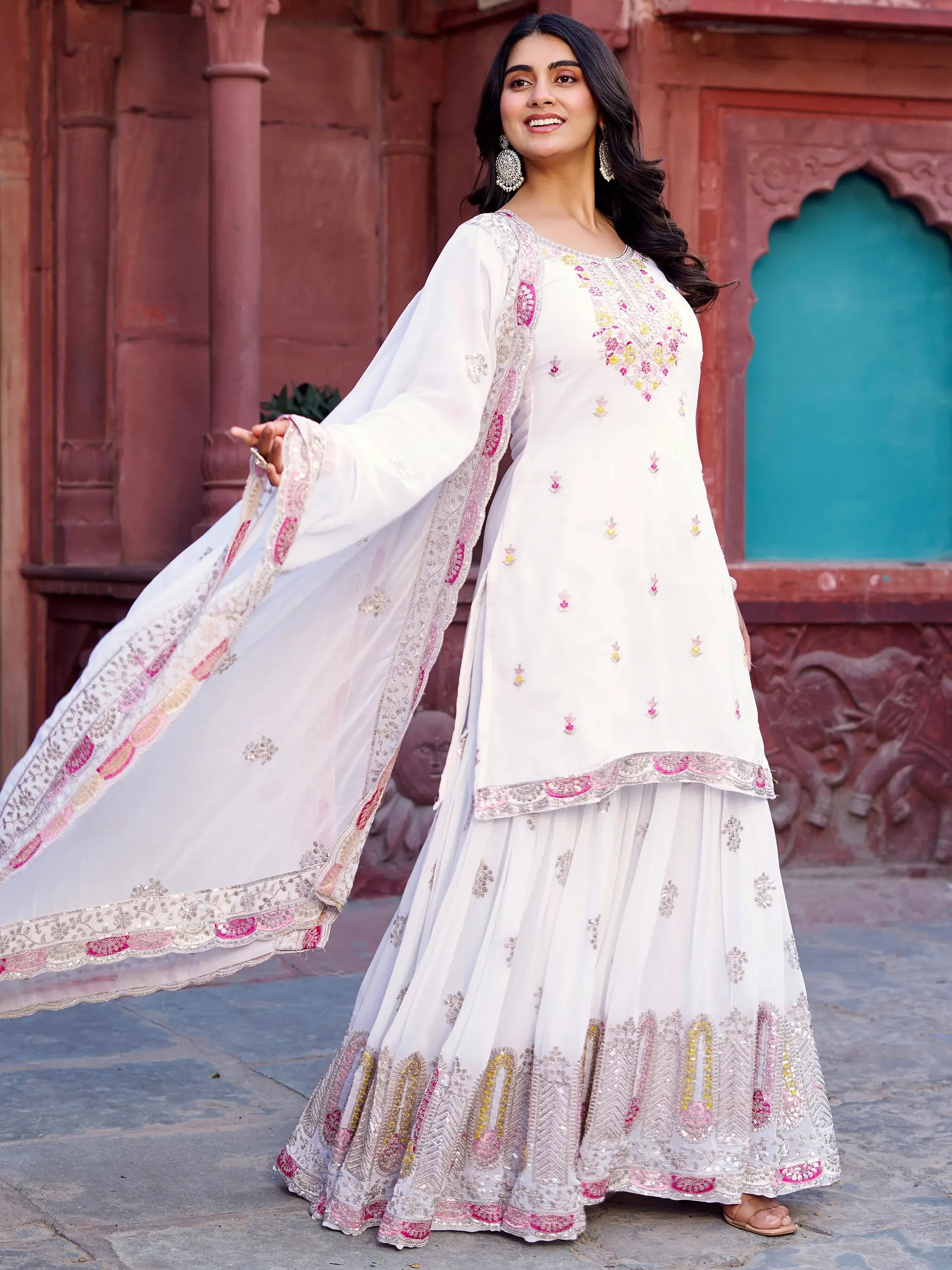 Attractive White Sequins Georgette Festival Wear Sharara Suit - Zeel Clothing