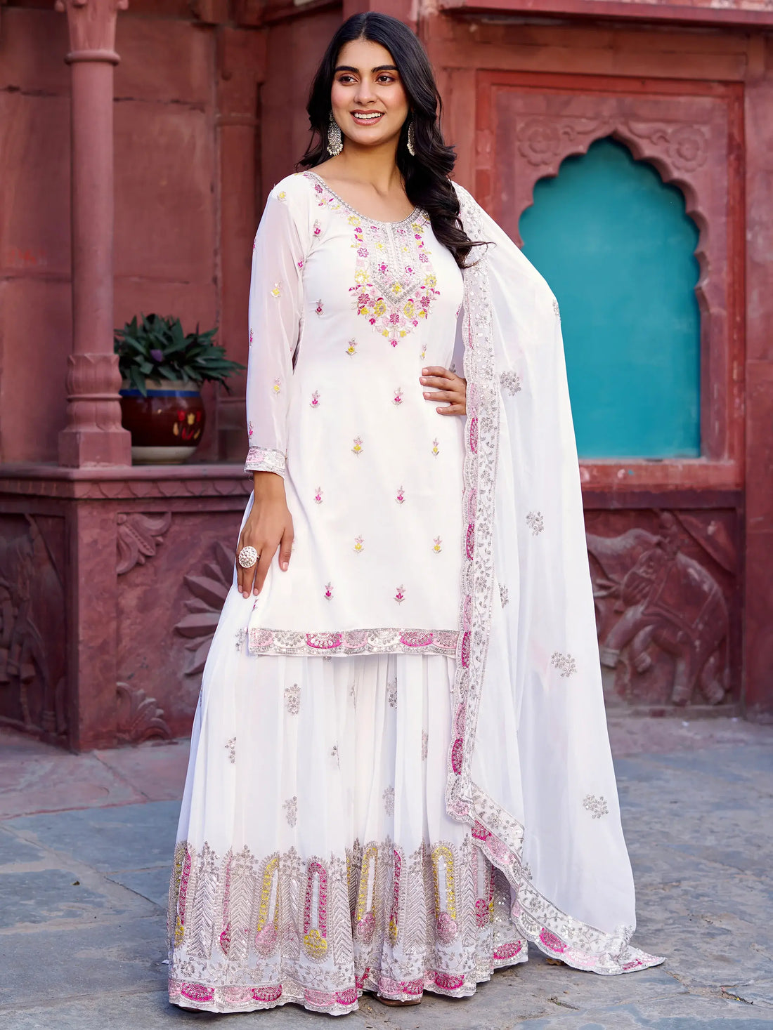 Attractive White Sequins Georgette Festival Wear Sharara Suit - Zeel Clothing