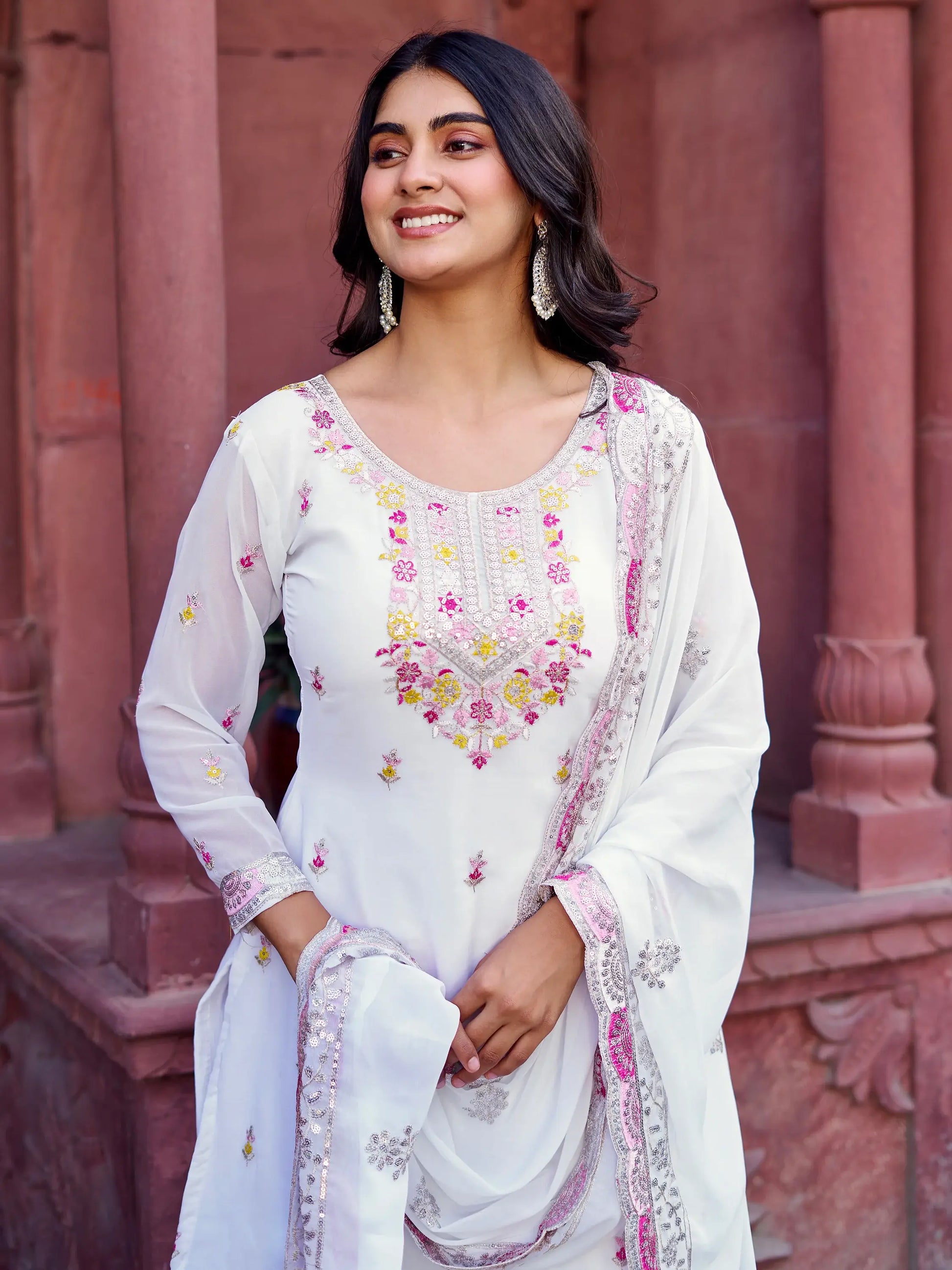 Attractive White Sequins Georgette Festival Wear Sharara Suit - Zeel Clothing