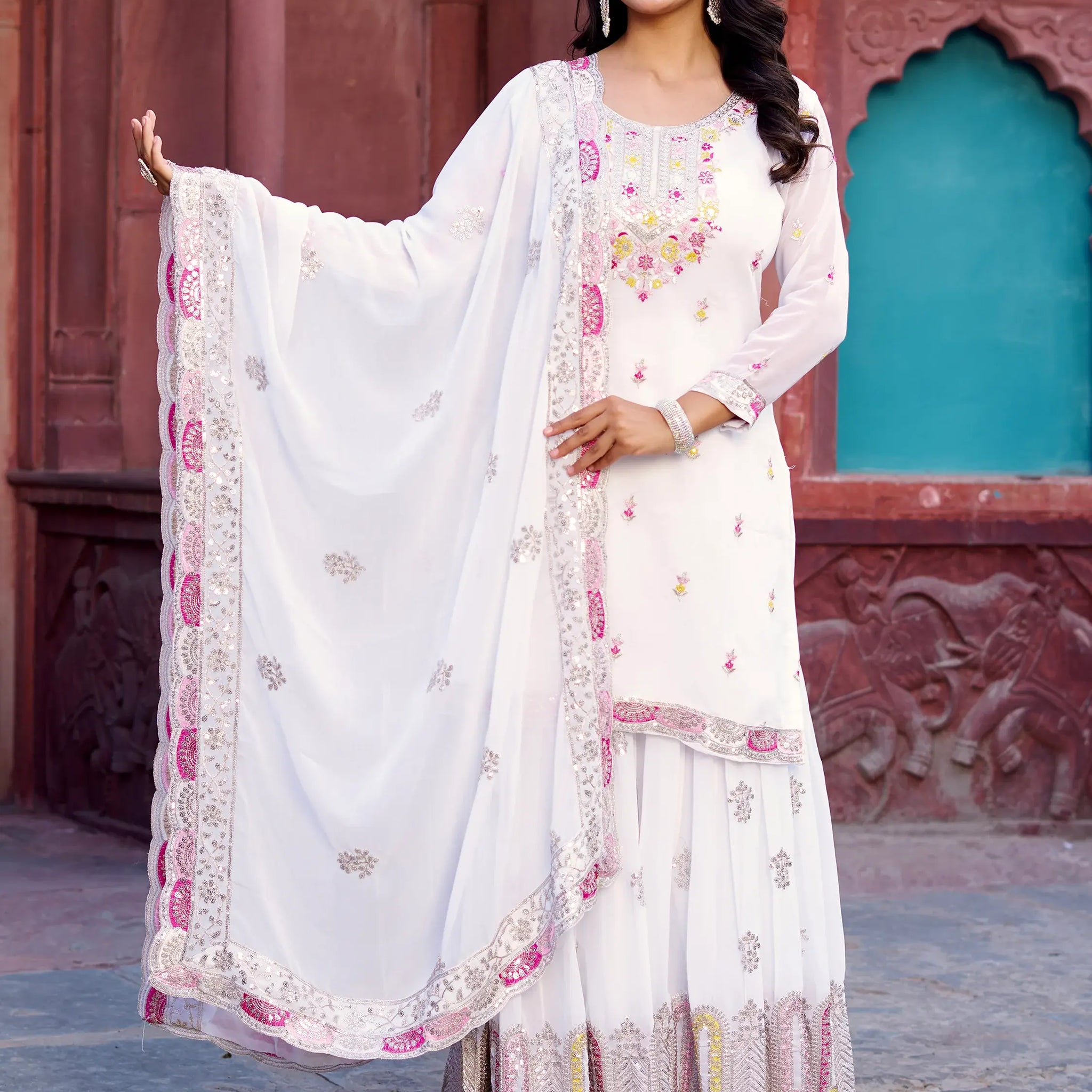 Attractive White Sequins Georgette Festival Wear Sharara Suit - Zeel Clothing
