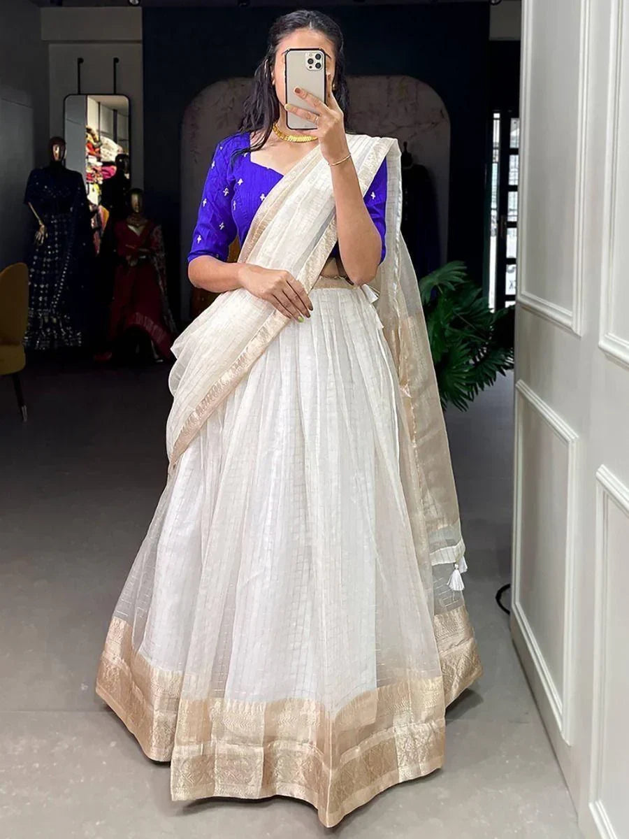 Attractive White Zari Weaving Organza Event Wear Lehenga Choli