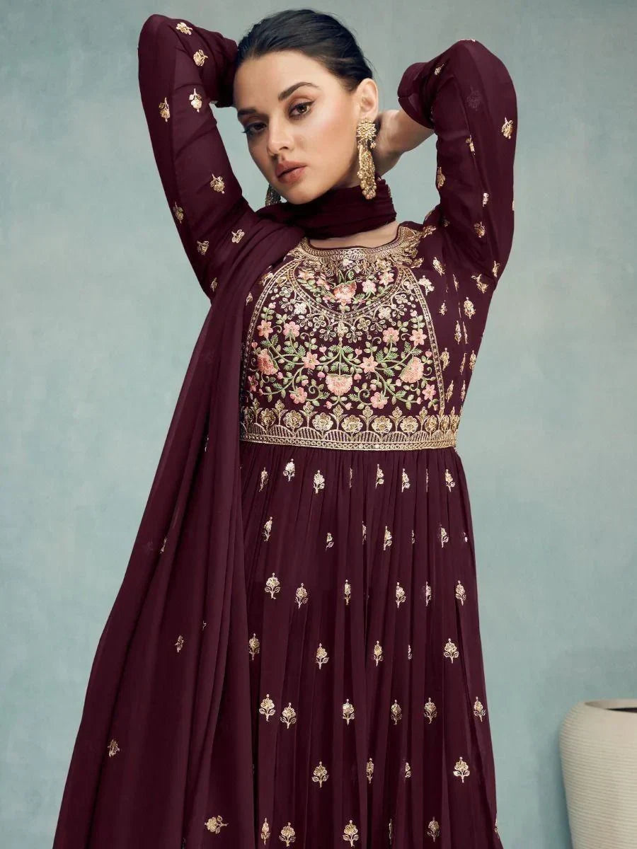Attractive Wine Embroidery Georgette Festival Wear Gown