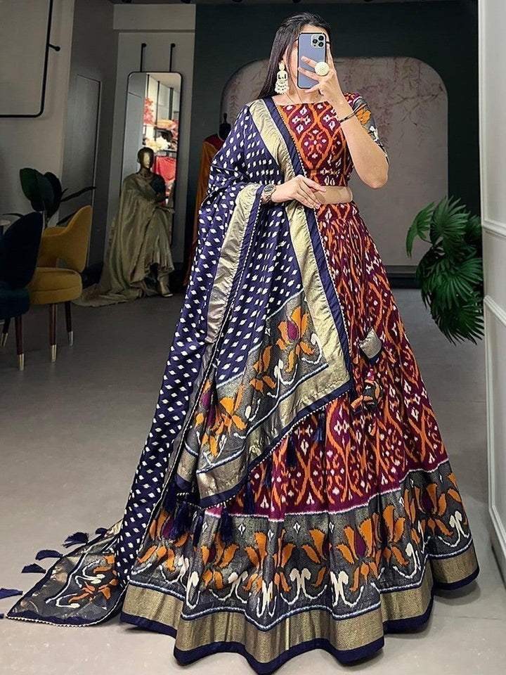 Attractive Wine Foil Printed Silk Lehenga Choli With Dupatta