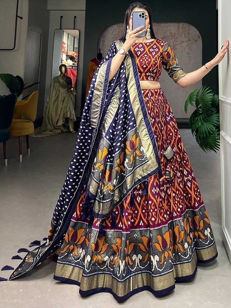 Attractive Wine Foil Printed Silk Lehenga Choli With Dupatta