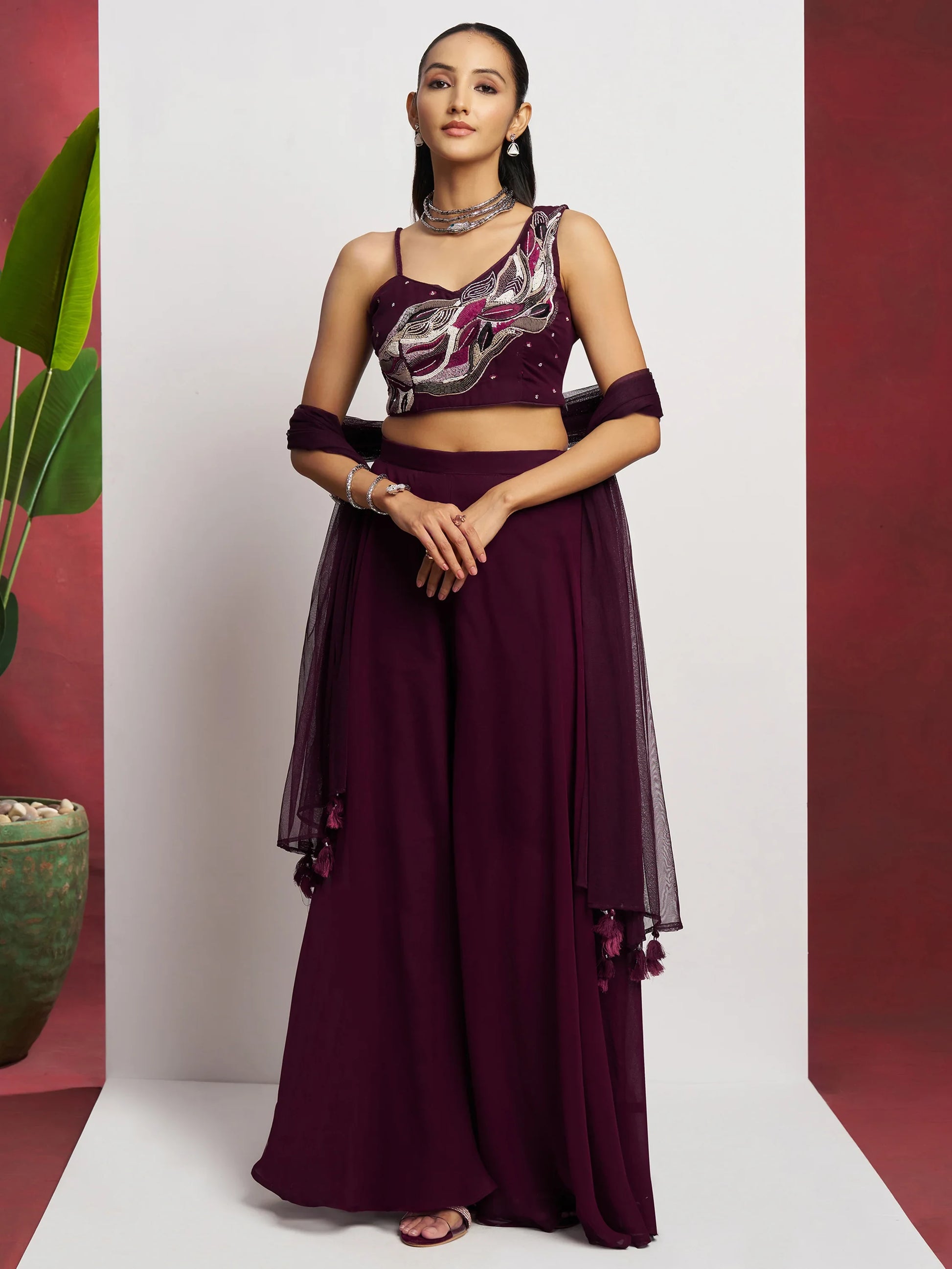 Attractive Wine Khatli Work Georgette Designer Crop Top Palazzo - Zeel Clothing