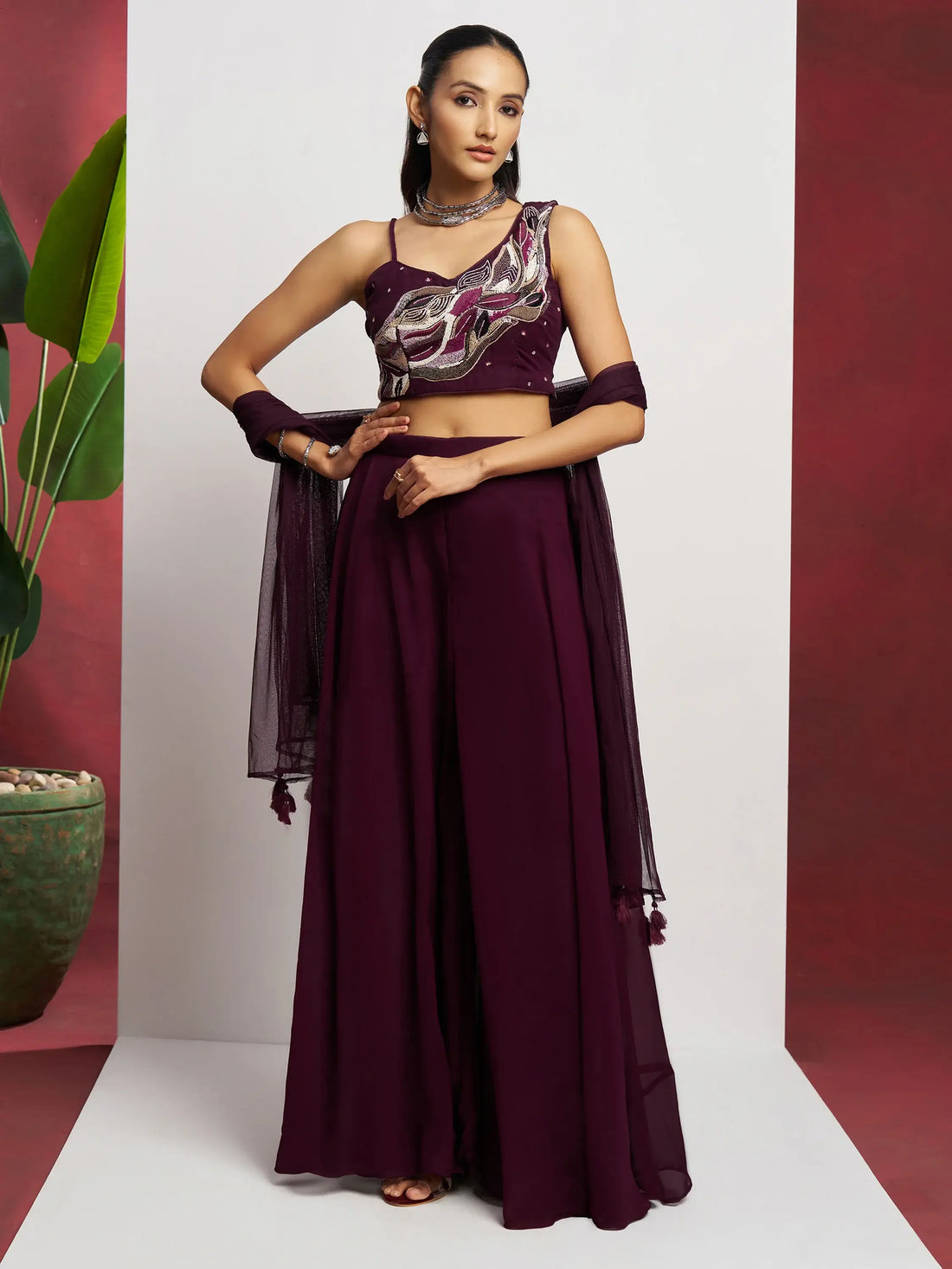 Attractive Wine Khatli Work Georgette Designer Crop Top Palazzo - Zeel Clothing