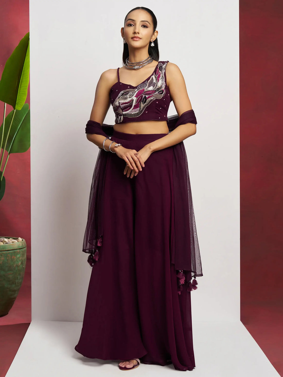 Attractive Wine Khatli Work Georgette Designer Crop Top Palazzo - Zeel Clothing
