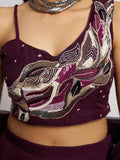 Attractive Wine Khatli Work Georgette Designer Crop Top Palazzo - Zeel Clothing
