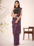 Attractive Wine Purple Floral Printed Brasso Engagement Wear Saree