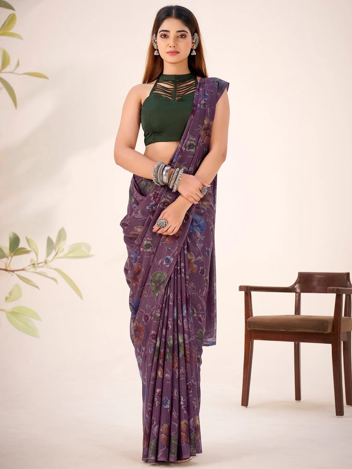 Attractive Wine Purple Floral Printed Brasso Engagement Wear Saree