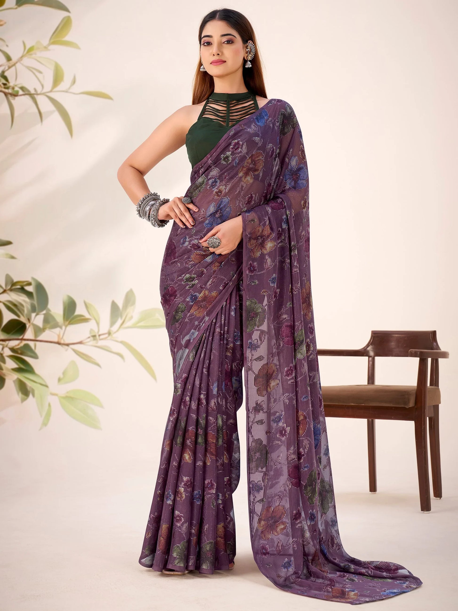 Attractive Wine Purple Floral Printed Brasso Engagement Wear Saree
