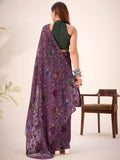Attractive Wine Purple Floral Printed Brasso Engagement Wear Saree