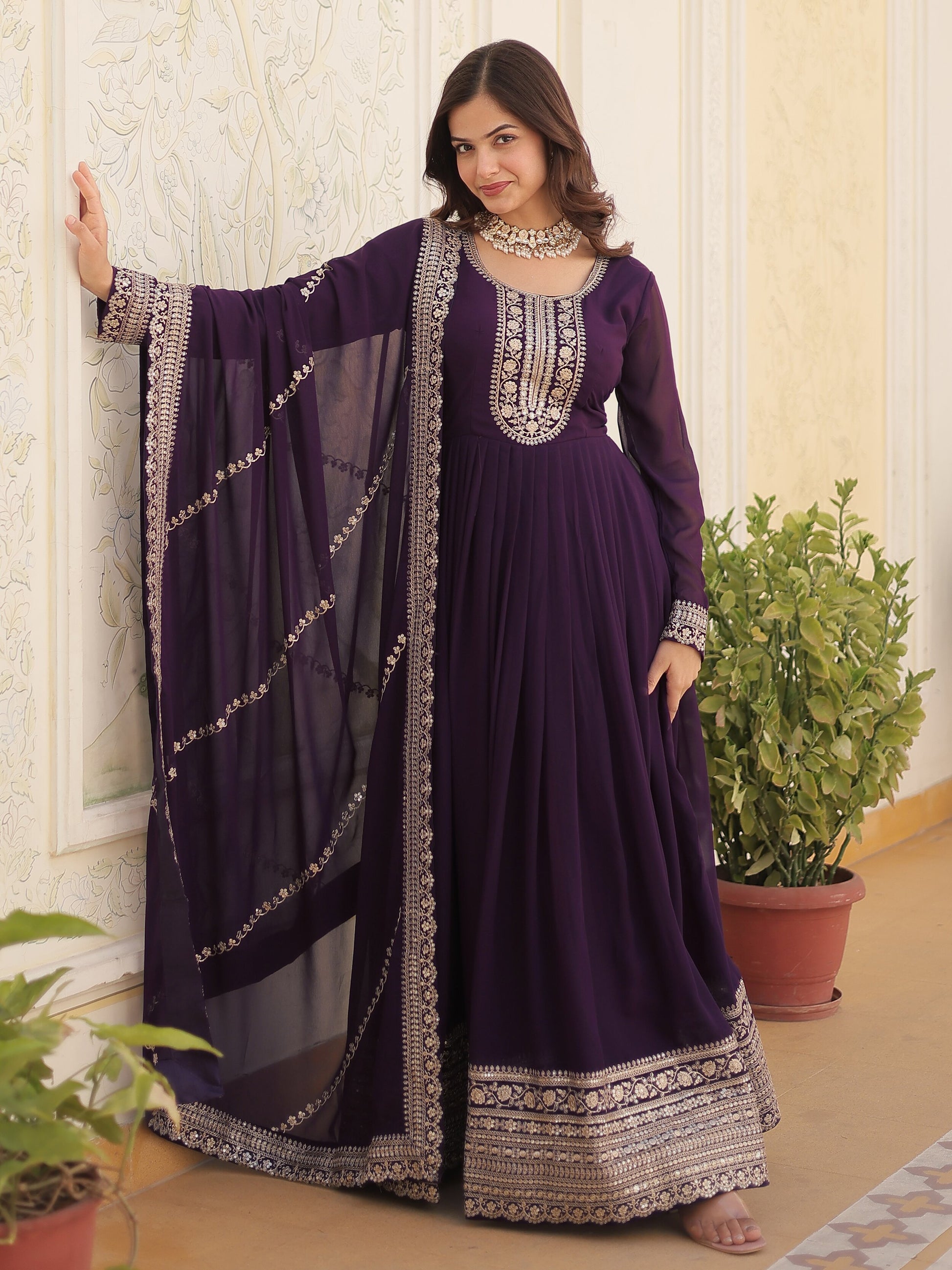 Attractive Wine Sequins Georgette Engagement Wear Gown With Dupatta - Zeel Clothing