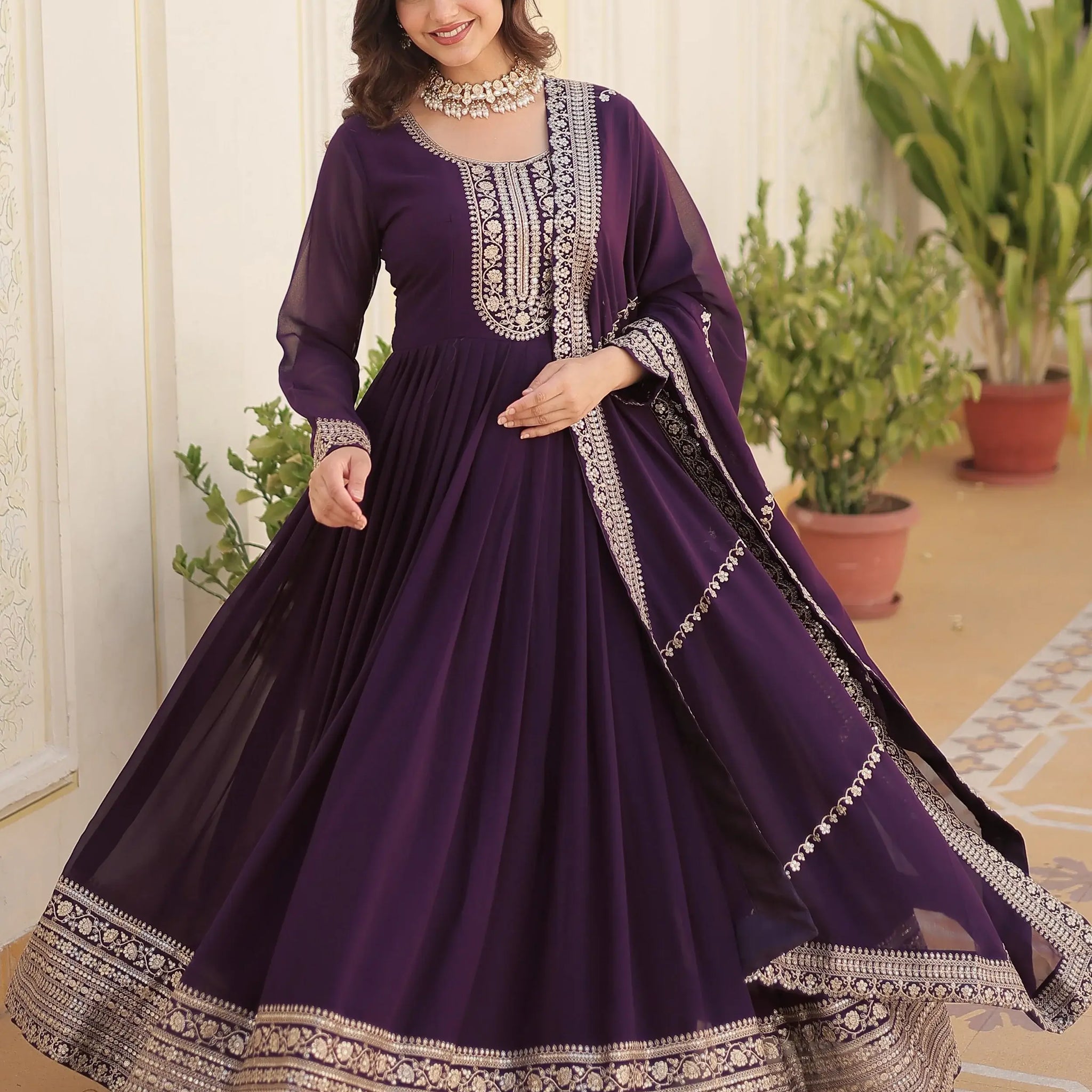 Attractive Wine Sequins Georgette Engagement Wear Gown With Dupatta - Zeel Clothing