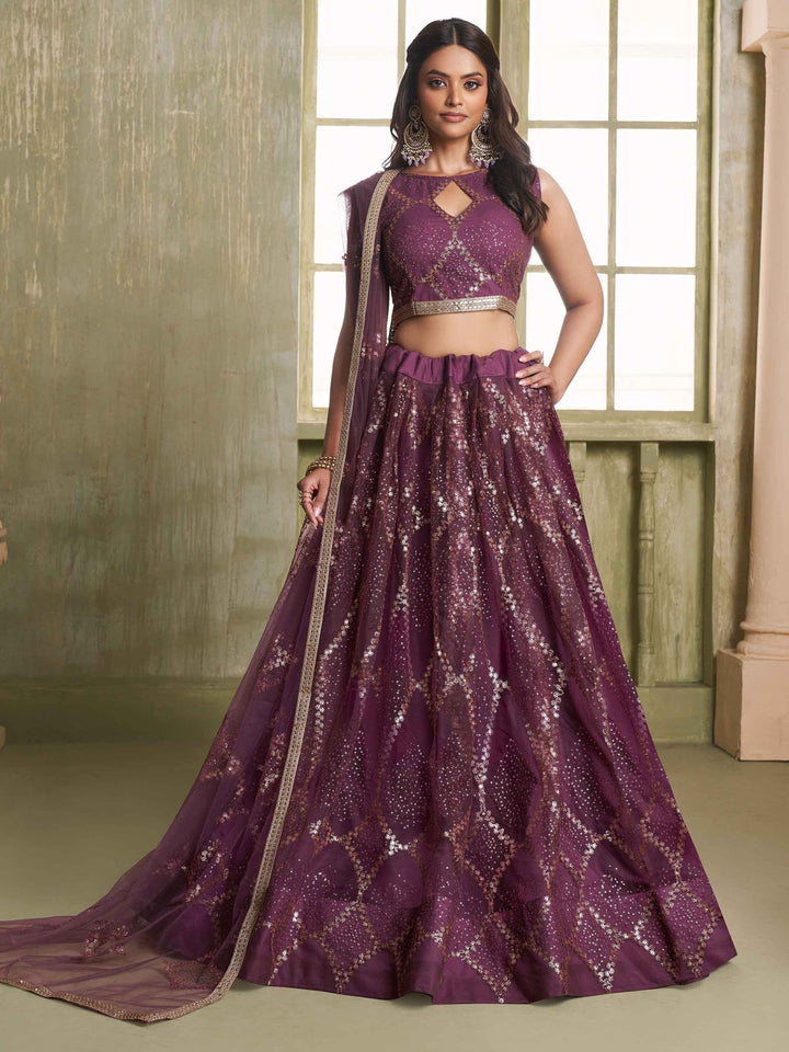 Attractive Wine Sequins Net Party Wear Lehenga Choli With Dupatta - Zeel Clothing
