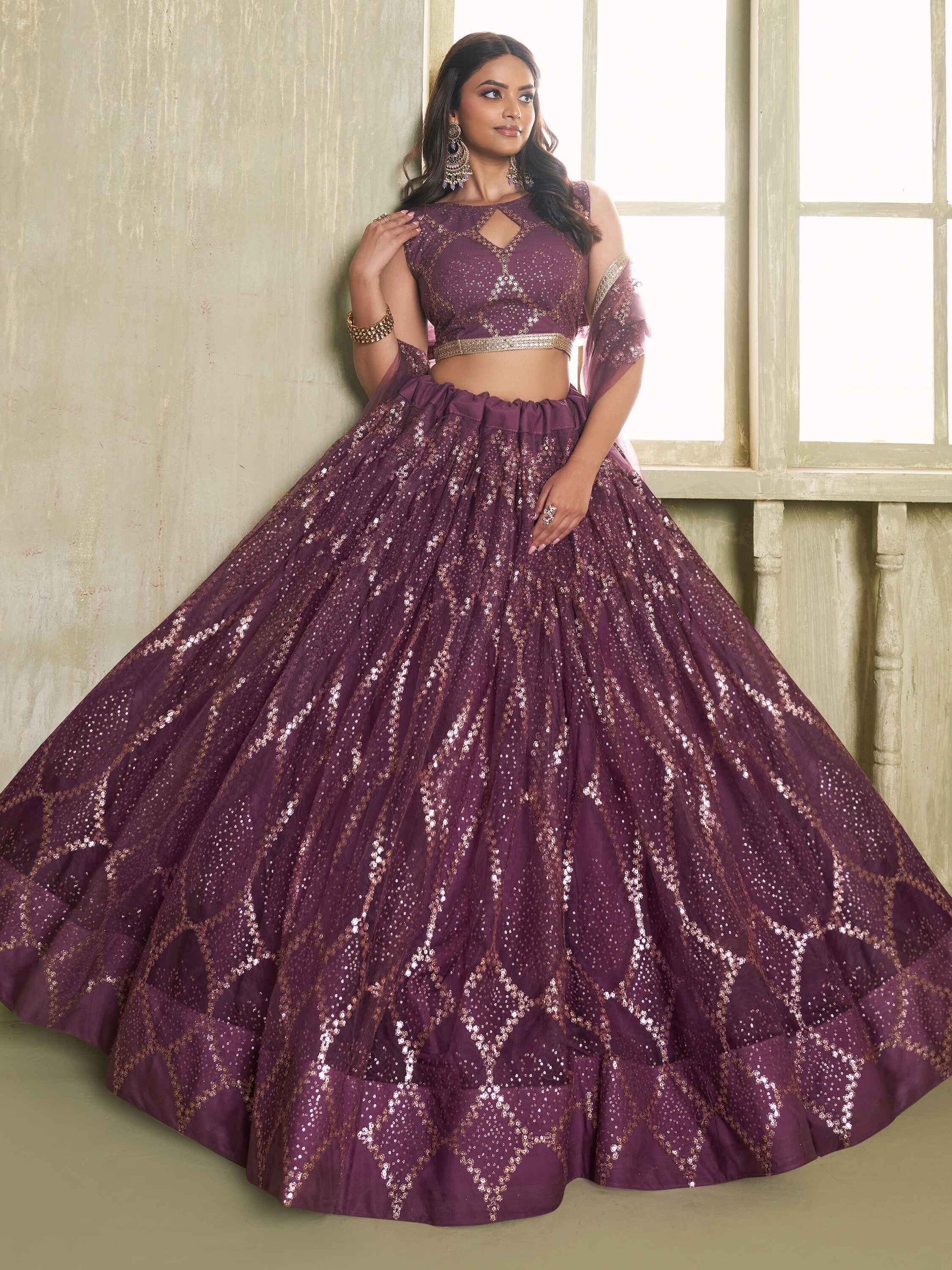 Attractive Wine Sequins Net Party Wear Lehenga Choli With Dupatta - Zeel Clothing