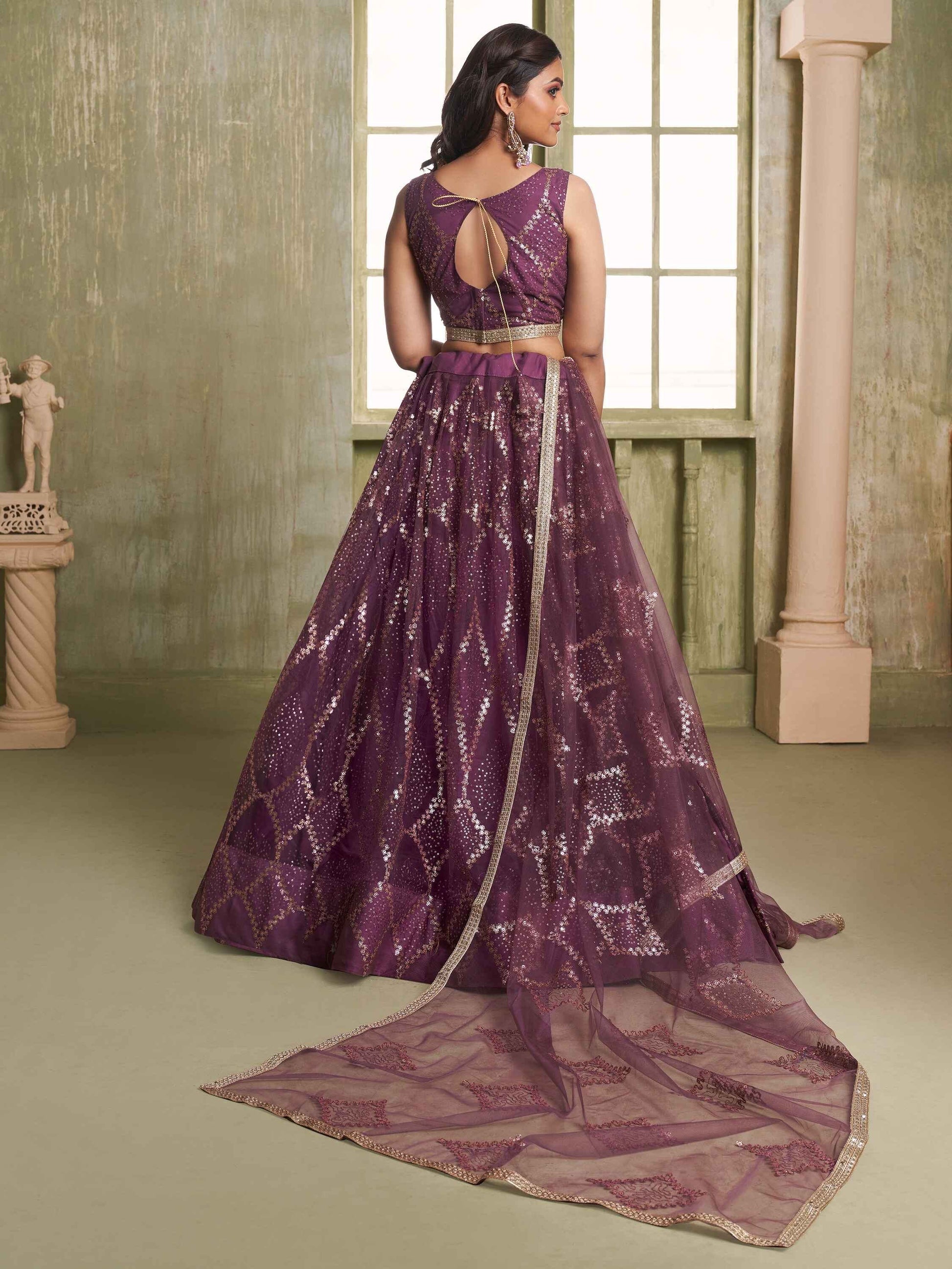 Attractive Wine Sequins Net Party Wear Lehenga Choli With Dupatta - Zeel Clothing