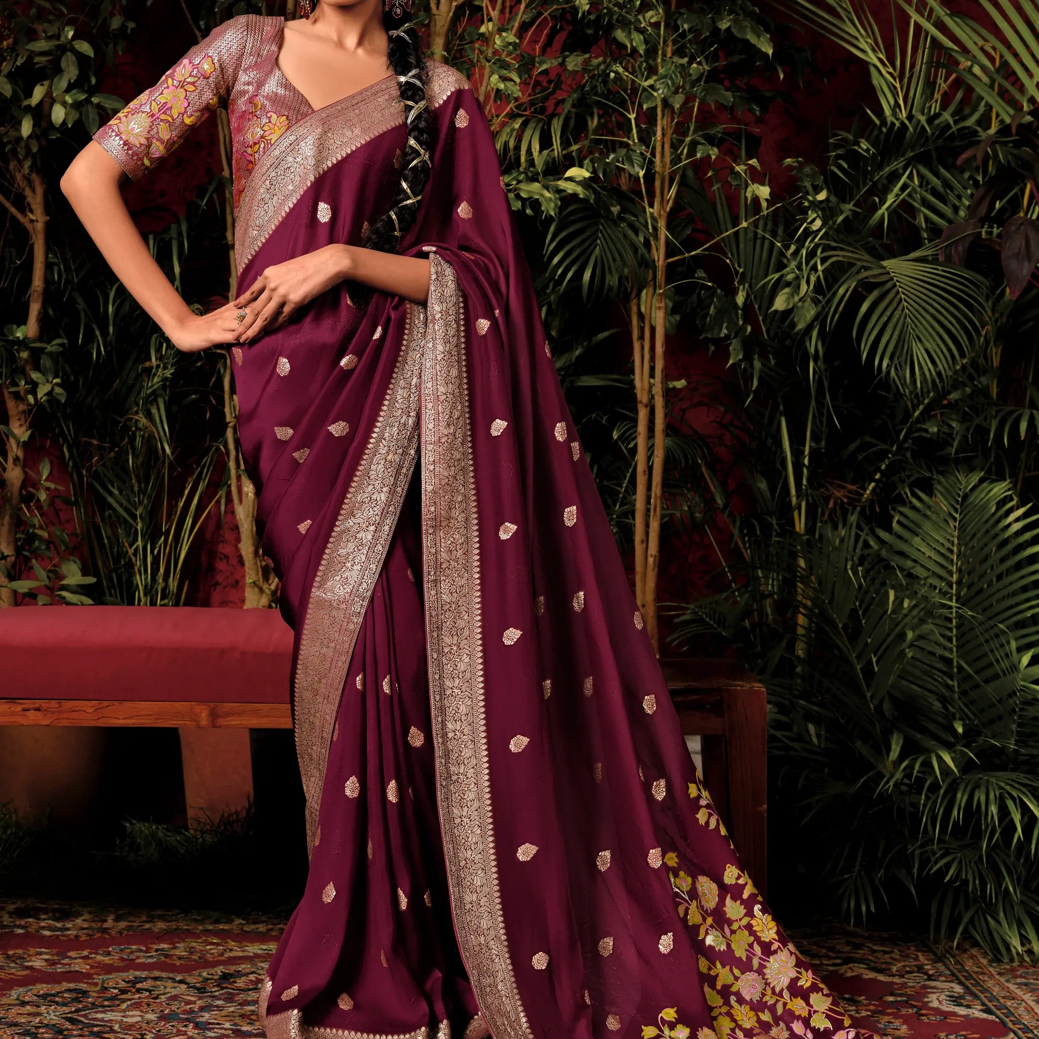 Attractive Wine Zari Weaving Silk Events Wear Saree With Blouse - Zeel Clothing