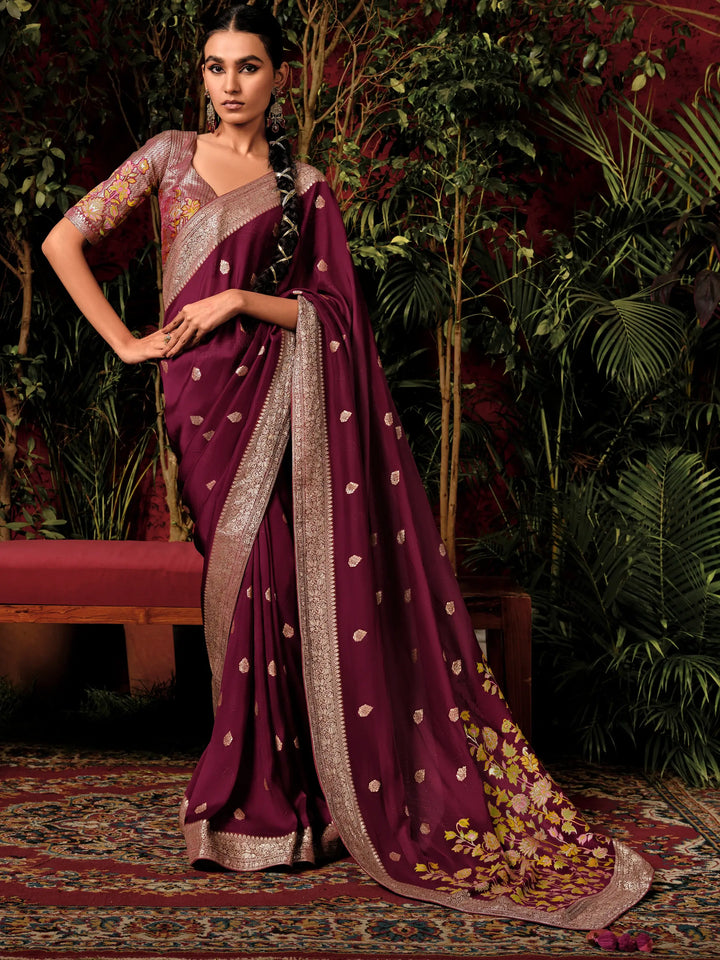 Attractive Wine Zari Weaving Silk Events Wear Saree With Blouse - Zeel Clothing