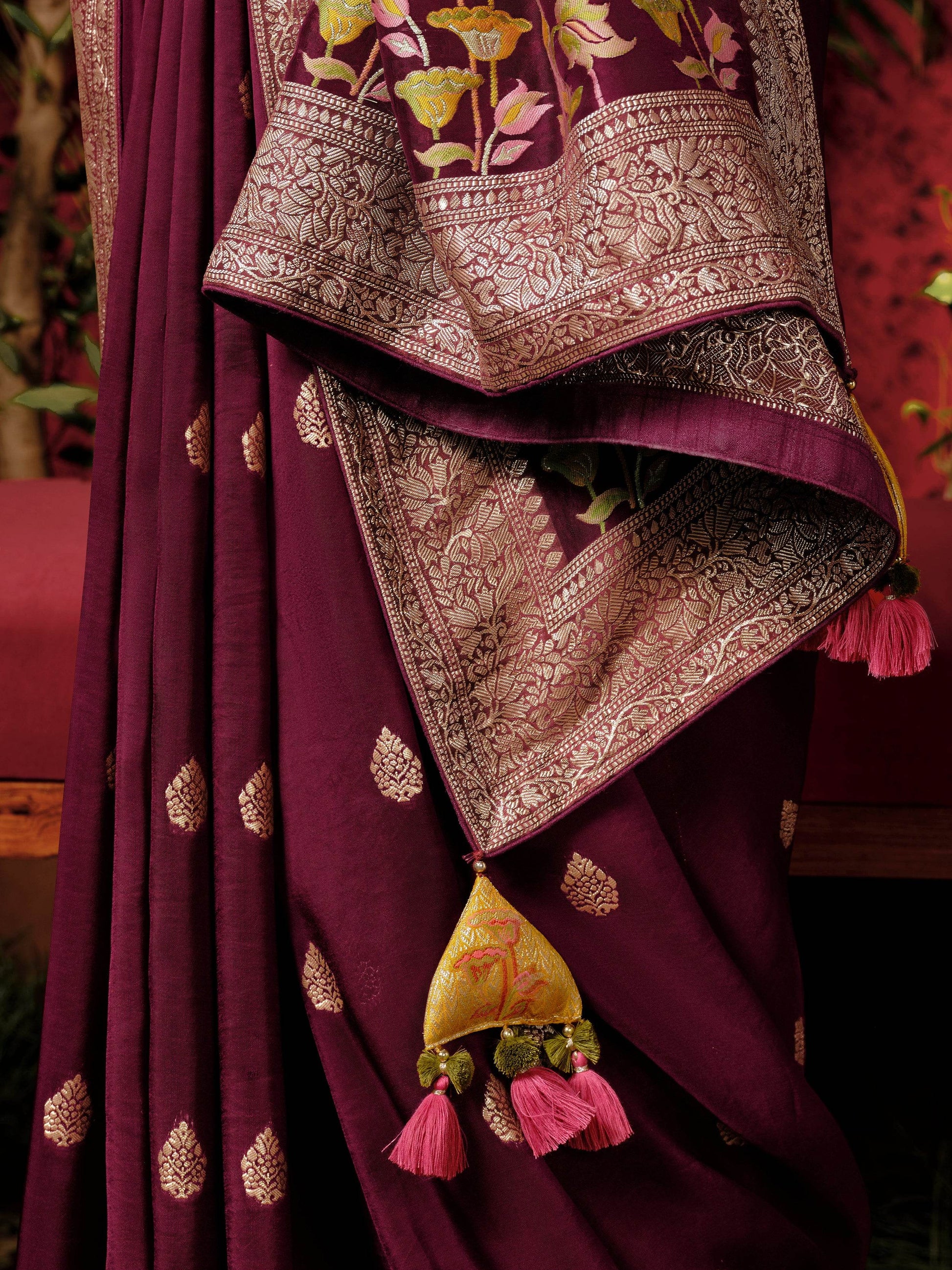 Attractive Wine Zari Weaving Silk Events Wear Saree With Blouse - Zeel Clothing