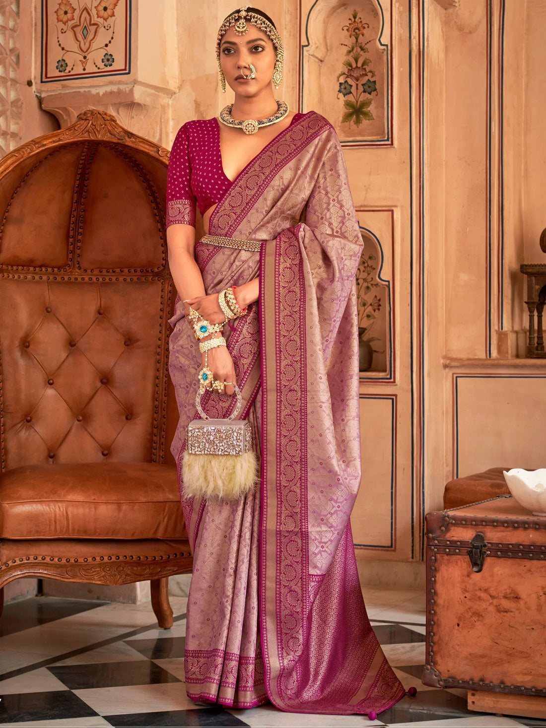 Attractive Wine Zari Weaving Silk Festive Wear Saree With Blouse - Zeel Clothing