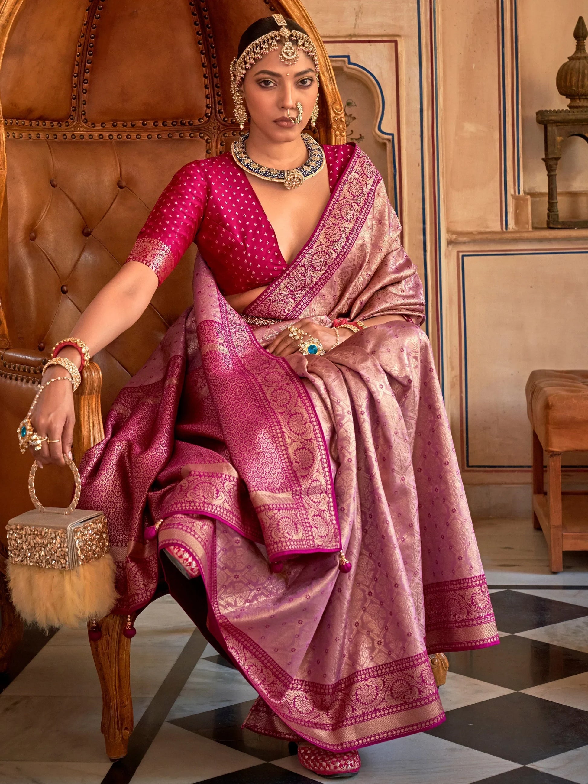 Attractive Wine Zari Weaving Silk Festive Wear Saree With Blouse - Zeel Clothing