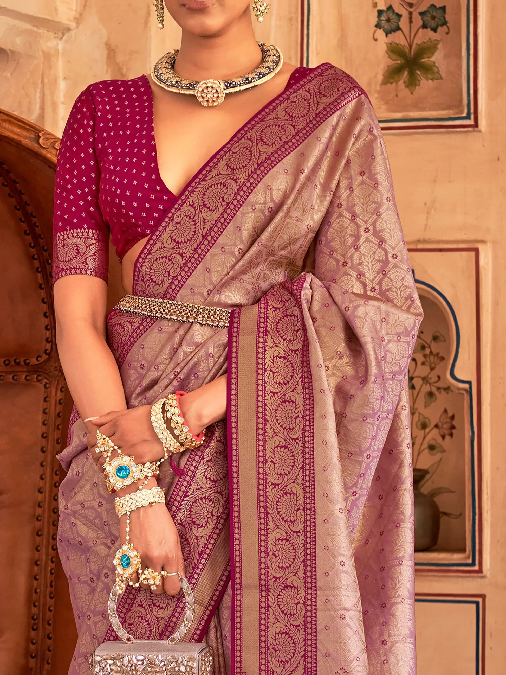 Attractive Wine Zari Weaving Silk Festive Wear Saree With Blouse - Zeel Clothing