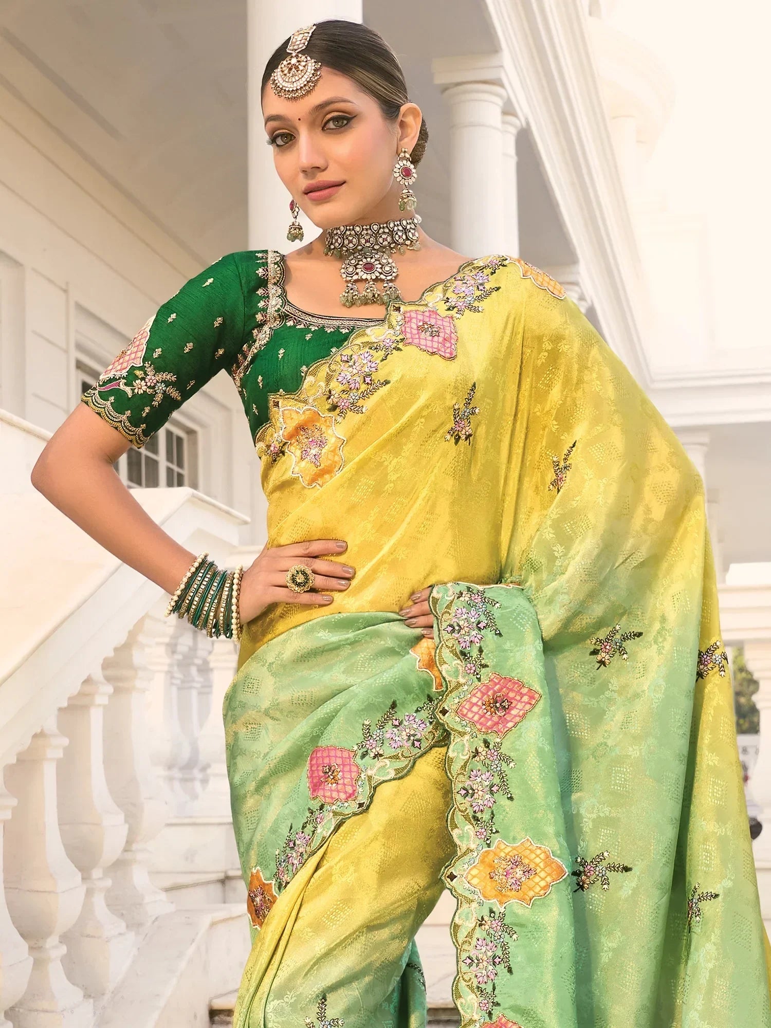 Attractive Yellow & Green Pearl Work Jacquard Silk Wedding Wear Saree - Zeel Clothing