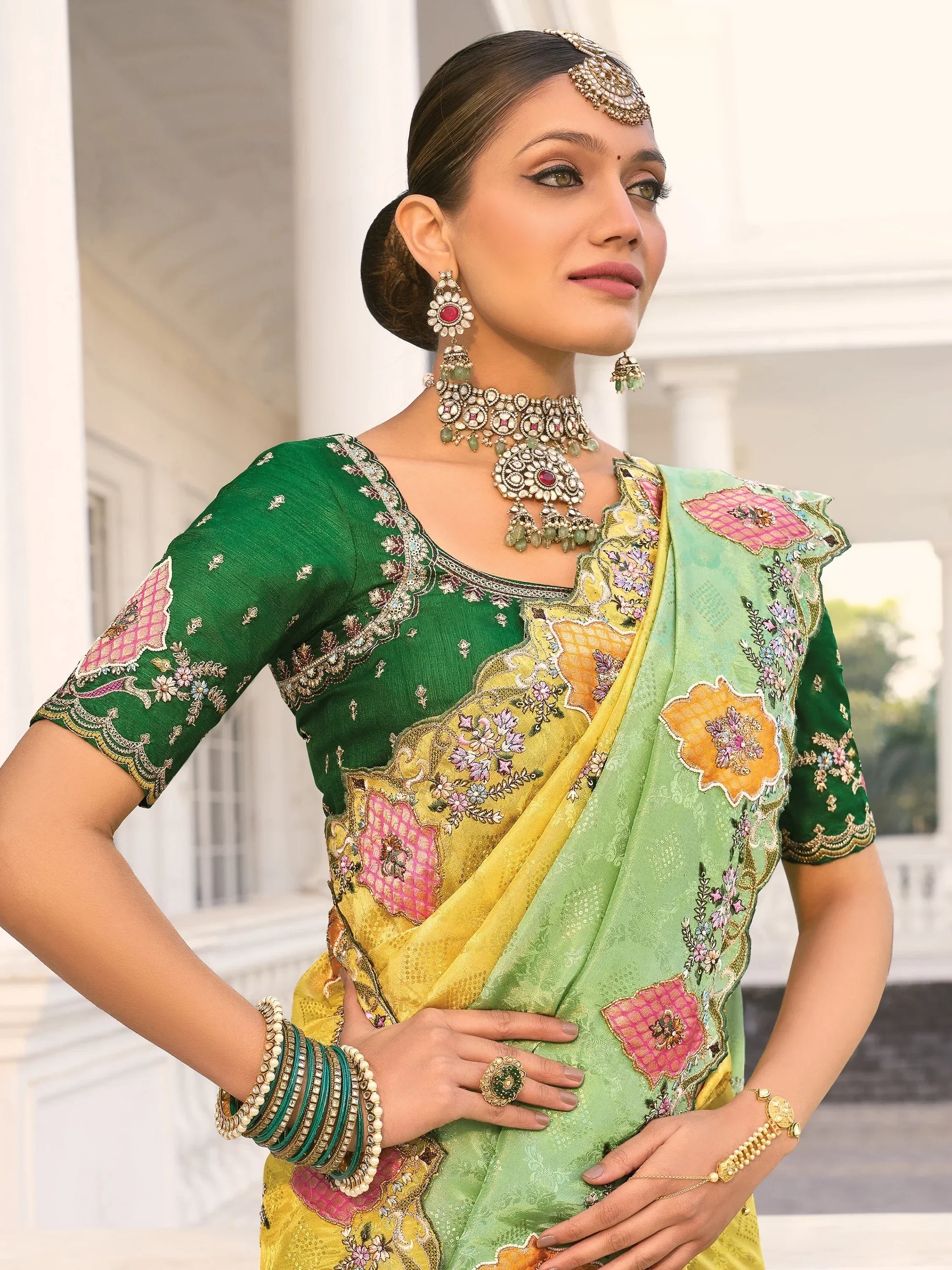 Attractive Yellow & Green Pearl Work Jacquard Silk Wedding Wear Saree - Zeel Clothing