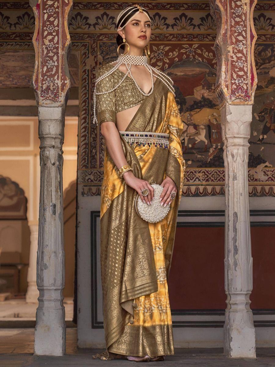 Attractive Yellow Digital Print Silk Festival Wear Saree With Blouse
