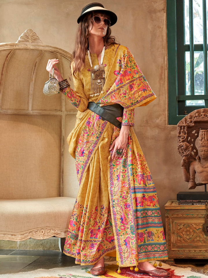 Attractive Yellow Digital Printed Silk Haldi Wear Saree With Blouse