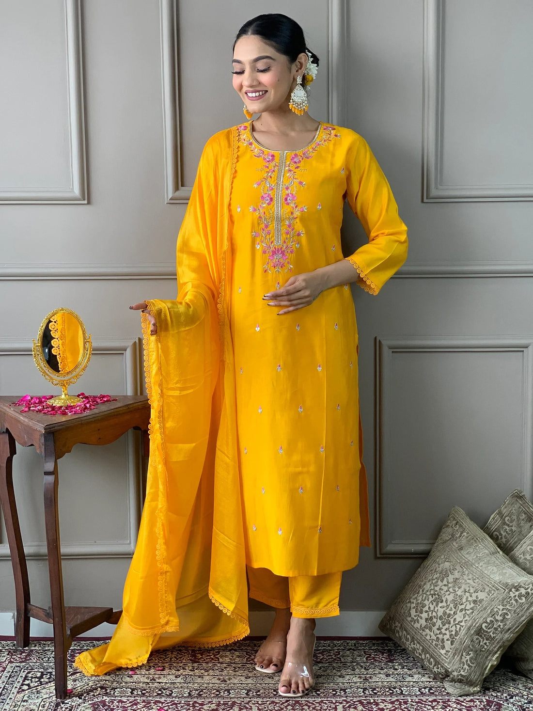 Attractive Yellow Embroidered Chanderi Silk Readymade Pant Suit - Zeel Clothing