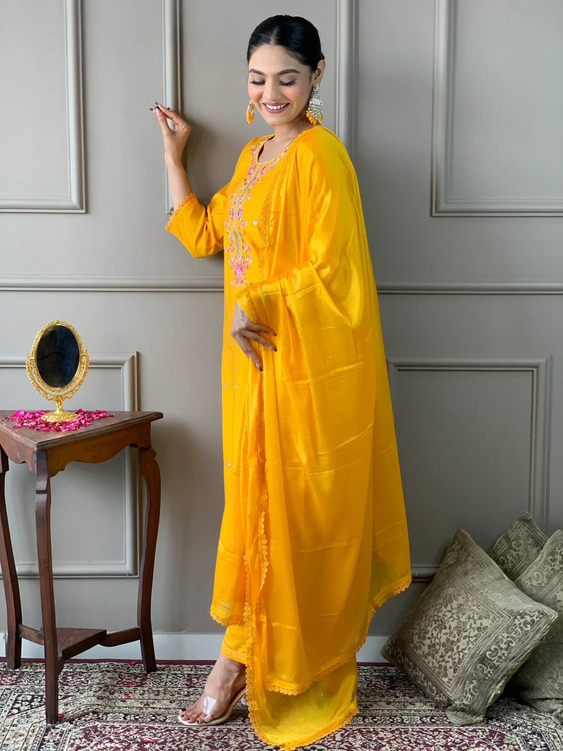 Attractive Yellow Embroidered Chanderi Silk Readymade Pant Suit - Zeel Clothing