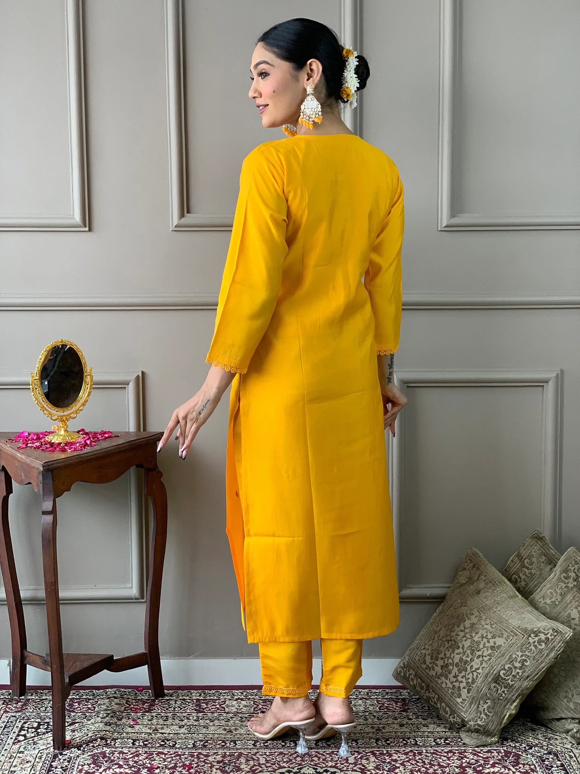 Attractive Yellow Embroidered Chanderi Silk Readymade Pant Suit - Zeel Clothing