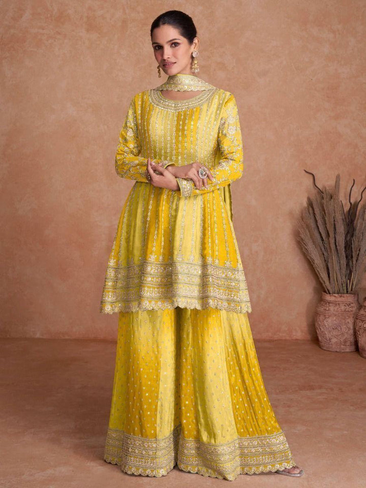 Attractive Yellow Embroidered Chinon Sharara Salwar Suit