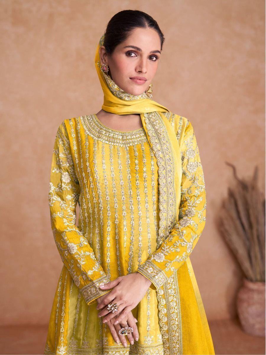 Attractive Yellow Embroidered Chinon Sharara Salwar Suit
