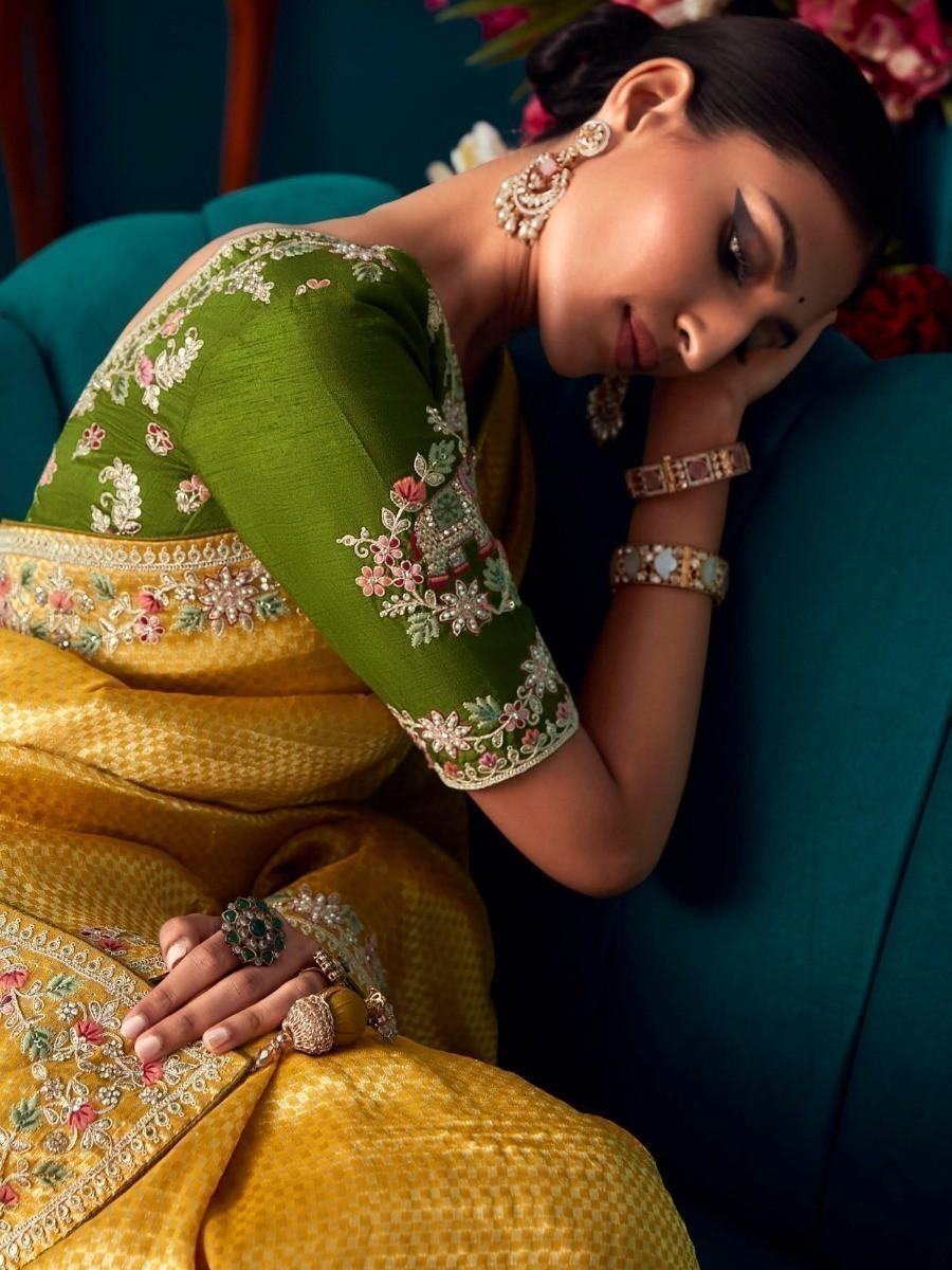 Attractive Yellow Embroidered Kanjivaram Silk Festive Wear Saree