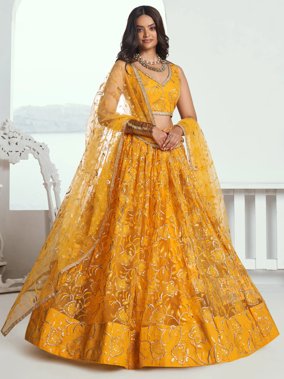 Attractive Yellow Embroidered Net Wedding Lehenga Choli With Dupatta - Zeel Clothing