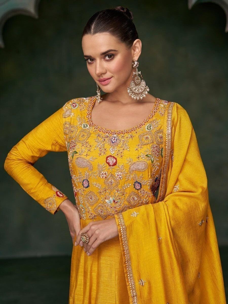 Attractive Yellow Embroidered Silk Haldi Wear Gown With Dupatta