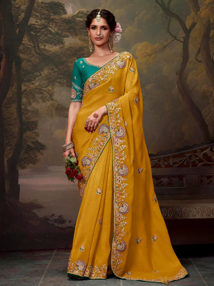 Attractive Yellow Embroidered Silk Haldi Wear Saree With Blouse - Zeel Clothing