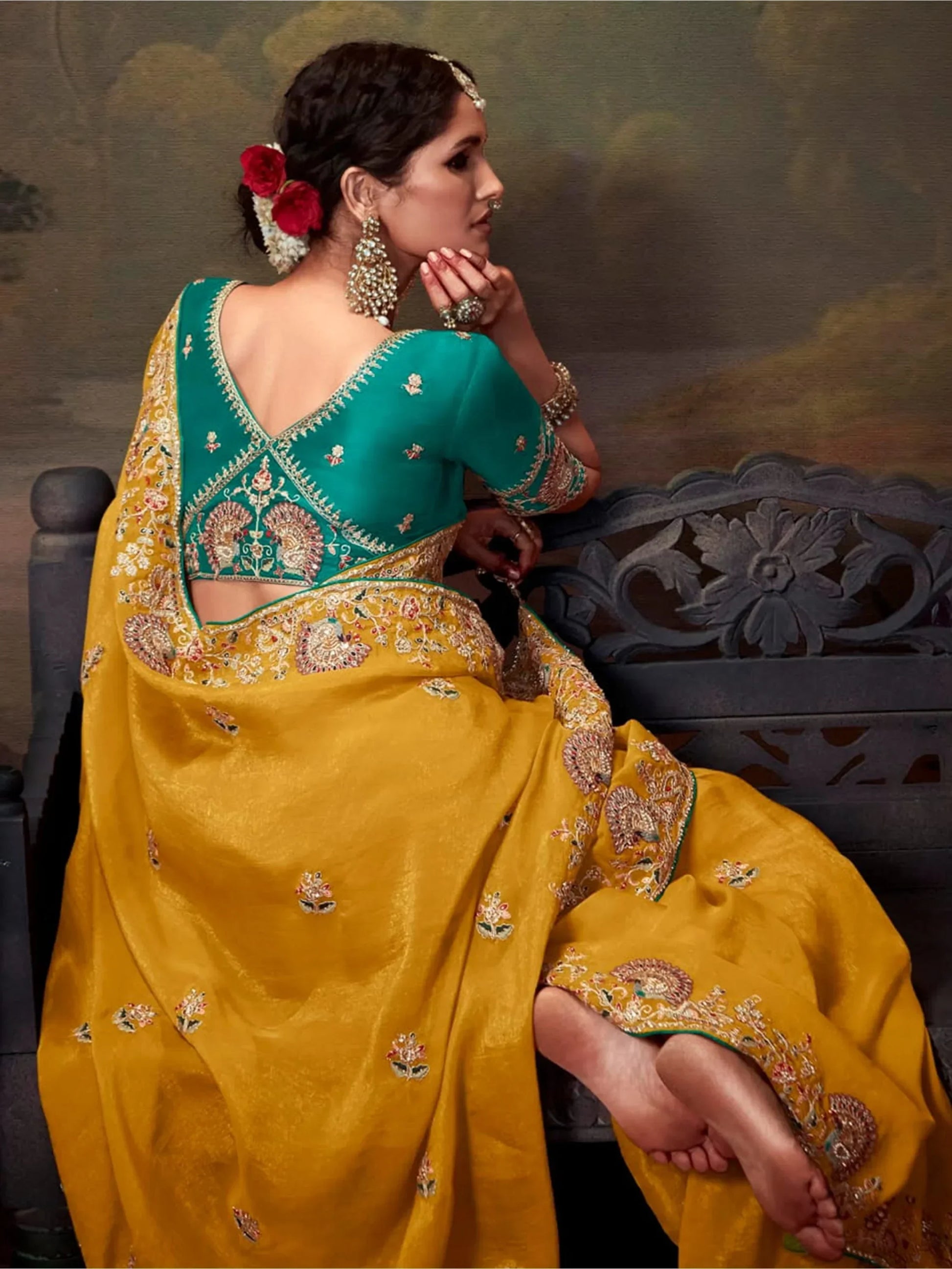 Attractive Yellow Embroidered Silk Haldi Wear Saree With Blouse - Zeel Clothing